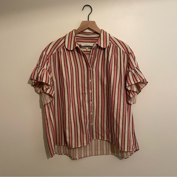 The Great Striped Flounce Sleeve Button Up Top In Coral and Cream - Picture 5 of 5